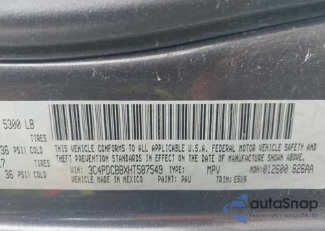 2017 Dodge Journey Sxt z USA, uszkodzony, nr VIN 3C4PDCBBXHT587549